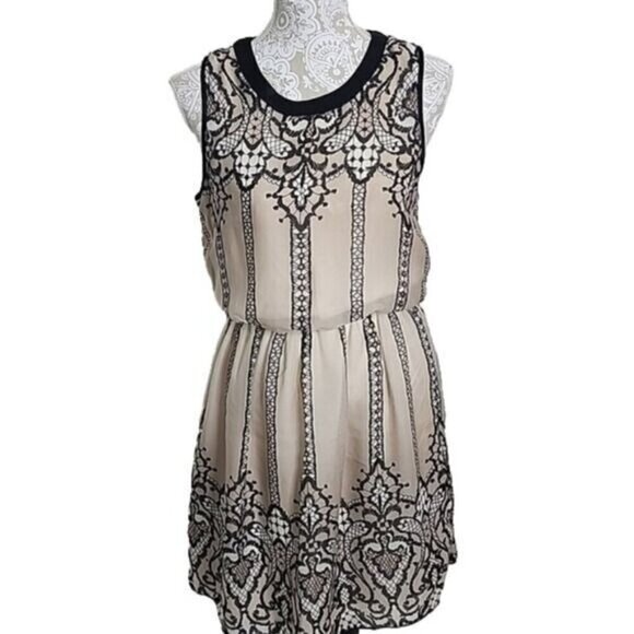 Matty M Dress Mini Tank Cream & Brown Floral Lined Elastic Waist  Women's Small - Picture 1 of 6